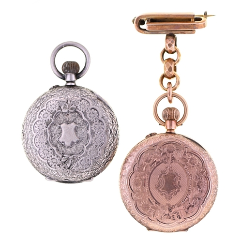 80 - A Swiss gold keyless cylinder lady's watch, c1900, in engine turned and engraved case, 5.4cm diam, s... 