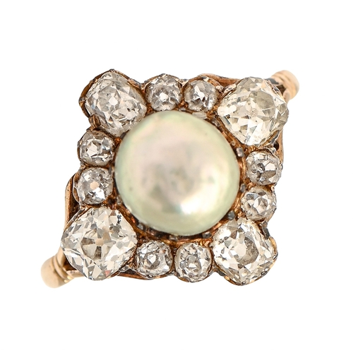 95 - A baroque pearl and diamond ring, c1900, with cushion shaped and round old cut diamonds, in gold mar... 