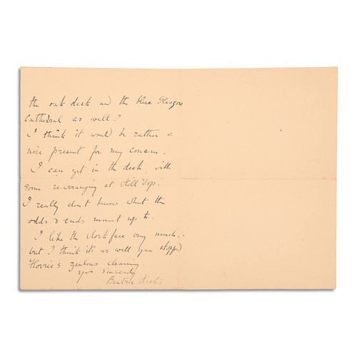 175 - POTTER, Helen Beatrix. Autograph letter, signed (Beatrix Heelis) to Elizabeth Tyson. Castle Cottage,... 