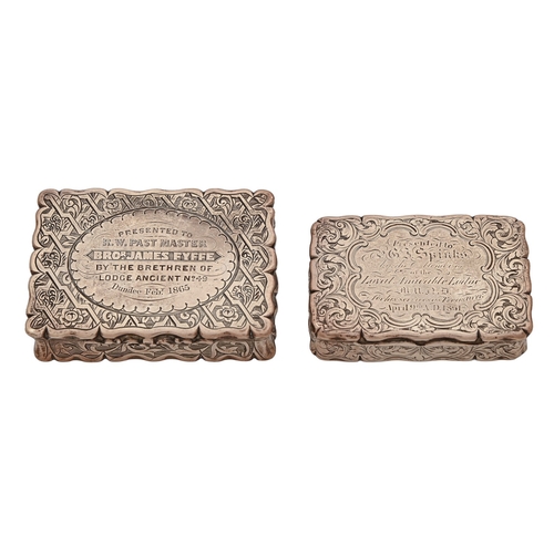 132 - A Victorian silver snuff box, the lid engraved with floral trellis and inscribed Presented to R W Pa... 