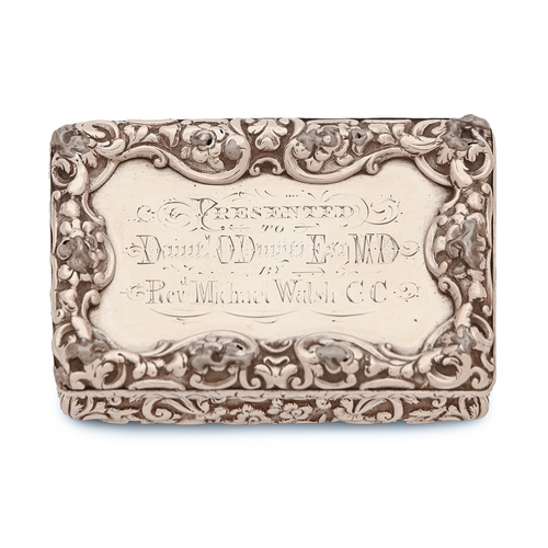 134 - A Victorian silver snuff box, with bomb&eacute; sides and chased with flowers and foliage, the under... 