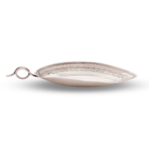 137 - A George III silver engraved leaf-shaped caddy spoon, with looped wire handle, by Elizabeth Morley, ... 