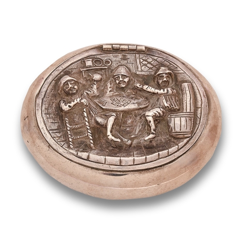 138 - A Continental silver tobacco box, late 18th/early 19th c, the lid chased with a tavern interior with... 