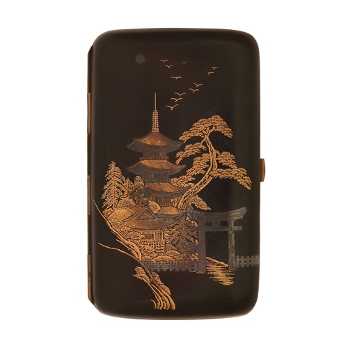 142 - A Japanese 'mixed metals' cigar case, early 20th c, inlaid in gold and silver, with views of a templ... 