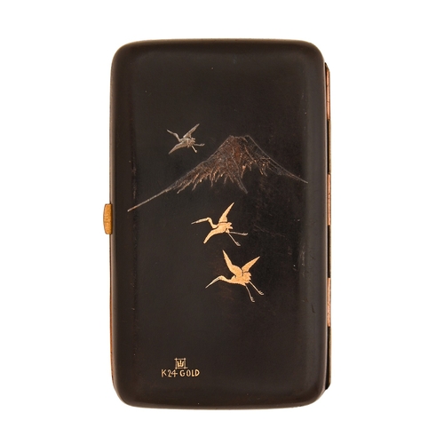 142 - A Japanese 'mixed metals' cigar case, early 20th c, inlaid in gold and silver, with views of a templ... 
