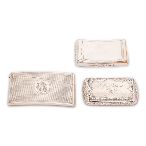 145 - A George III silver snuff box, of curved oblong shape, with flush joint and engraved with flowers to... 