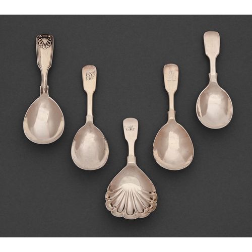 148 - A William IV silver caddy spoon, Fiddle pattern with shell bowl, by John Walton, Newcastle 1832 and ... 