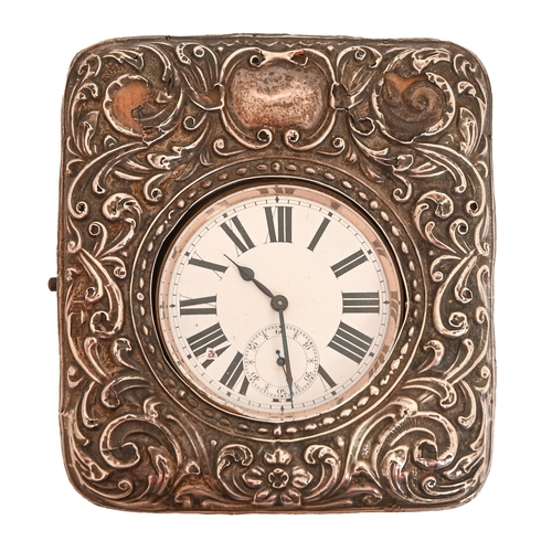 151 - An Edwardian silver mounted and leather covered strut timepiece, 11cm h, maker's mark poorly struck,... 