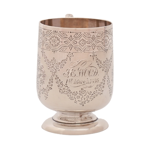 156 - A Victorian silver christening mug, engraved with roses and festoons, on spreading foot, 8.7cm h, by... 