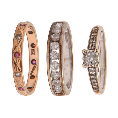 17 - Three diamond and other gem set 9ct gold or 9ct white gold rings, 6.3g, size J, M
