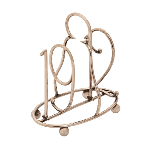177 - A George V 1912 'date' toast rack, of wirework on ball feet, 10cm w, by W H Leather, Birmingham 1911... 
