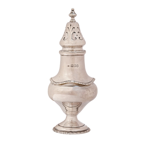 179 - An Edwardian silver sugar caster, pear-shaped with undulating gadrooned girdle and foot, 19cm h, by ... 