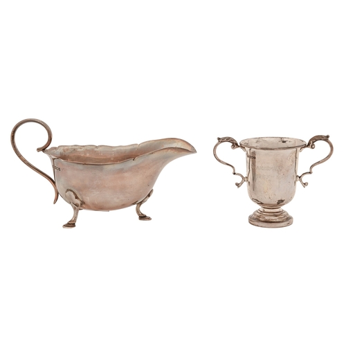 181 - A George V silver sauceboat, 15.4cm l, by Mappin & Webb Ltd, Sheffield 1933 and a silver trophy ... 