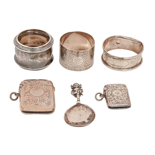 185 - An Edward VIII silver Lincoln Imp caddy spoon, by A J Bailey, Birmingham 1936, two silver vesta case... 