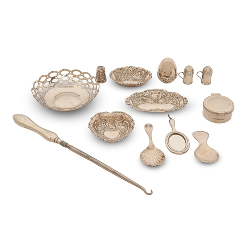 189 - Miscellaneous silver sweetmeat dishes, a pair of miniature kitchen pepper condiments, two caddy spoo... 