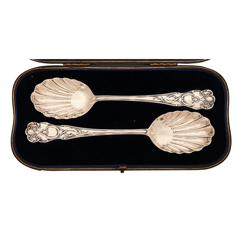 219 - A pair of Edwardian silver serving spoons, with shell-shaped bowl, by William Hutton & Sons Ltd,... 