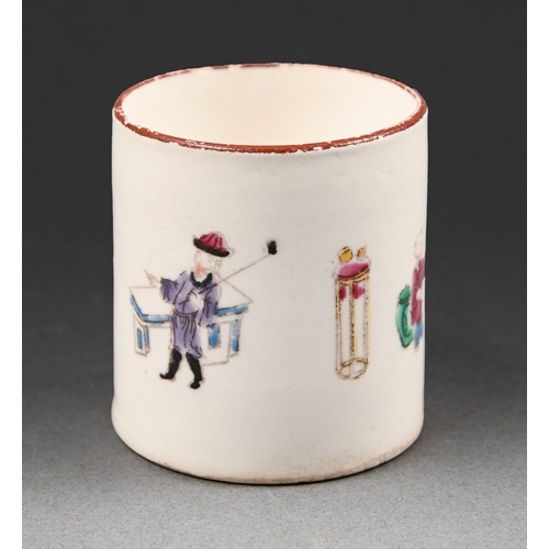 295 - A Bow coffee can, c1760, printed in outline and enamelled with Chinese figures, 6.2cm h... 