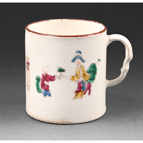 295 - A Bow coffee can, c1760, printed in outline and enamelled with Chinese figures, 6.2cm h... 