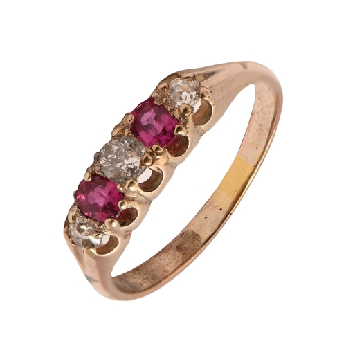 38 - A ruby and diamond ring, with old cut diamonds and cushioned shaped rubies, in white gold coloured m... 