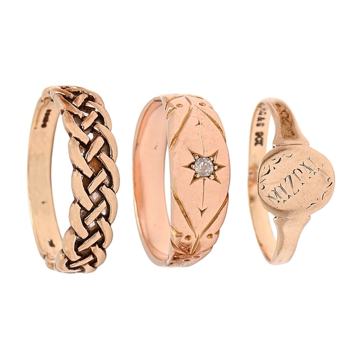 41 - Three gold rings, one gypsy set with diamond, 5.5g, one distorted, the other K, M