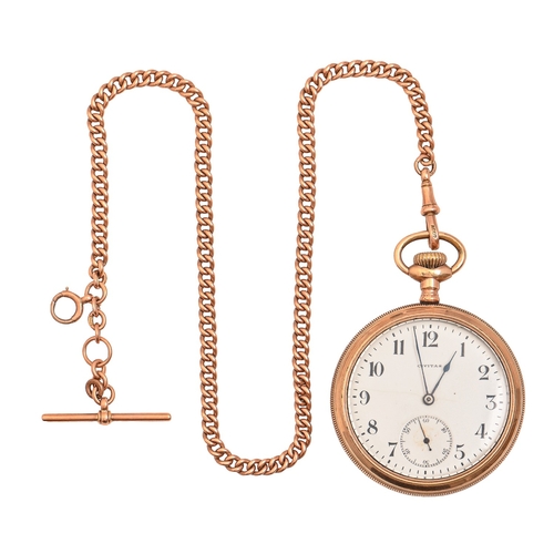 46 - A 9ct gold albert, c1900, with 'T'-bar, 40cm l, links individually marked, 24.2g and a gold-plated w... 