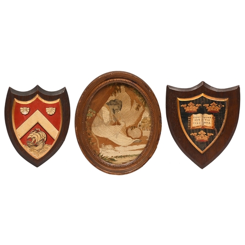 532 - A George III oval silk picture, of a seated girl with her dog, 20 x 16cm, an Oxford University coat ... 