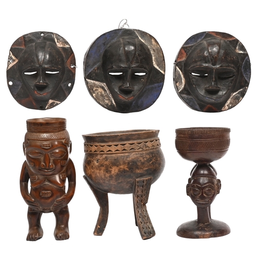 534 - Tribal art. Africa, a Kuba female figural palm wood wine cup, first half 20th c, DRC, another of den... 