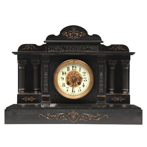 538 - A French belge noir architectural mantle clock, late 19th c, the giltmetal dial with enamel chapter ... 