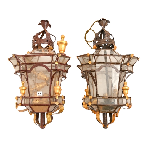 551 - A pair of giltwood and tinplate hanging lanterns, circa early mid 20th c, in baroque style, 70cm h... 
