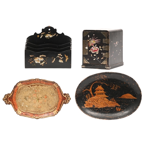 553 - A Victorian papier mache stationery rack, 19.5cm w, Chinese papier mache table top cabinet, inlaid w... 