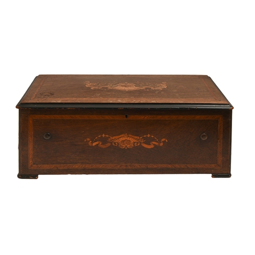 559 - A Swiss cylinder musical box, late 19th c, with bells and drums in sight and rare insect hammers, or... 