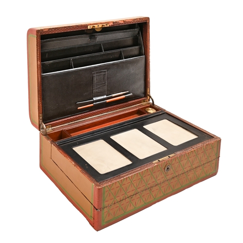 564 - A Victorian Irish painted leather-covered mahogany and black morocco fitted writing box, E R Moore &... 
