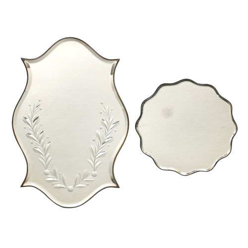 565 - A Venetian style etched serpentine mirror-tray, early 20th c, with bevelled edge, 46 x 31cm and anot... 