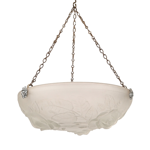 589 - A French frosted glass hanging lightshade, early 20th c, moulded with roses, 34cm diam... 