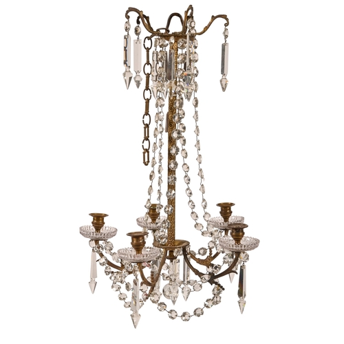590 - An antique style giltmetal and cut glass five-branch hanging chandelier, 60cm h, 38cm w... 