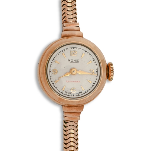 6 - A Rone 9ct gold lady's wristwatch, 1.8cm diam, Birmingham 1957, on 9ct gold herringbone bracelet, 15... 