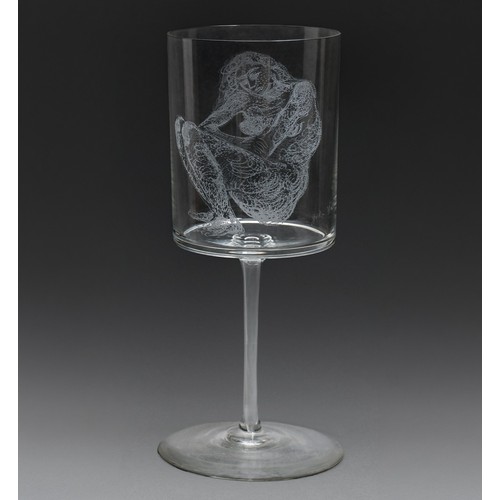 676 - John Hutton (1906-1978) - Glass stemmed goblet-vase, wheel engraved with flexible drive with a nude ... 