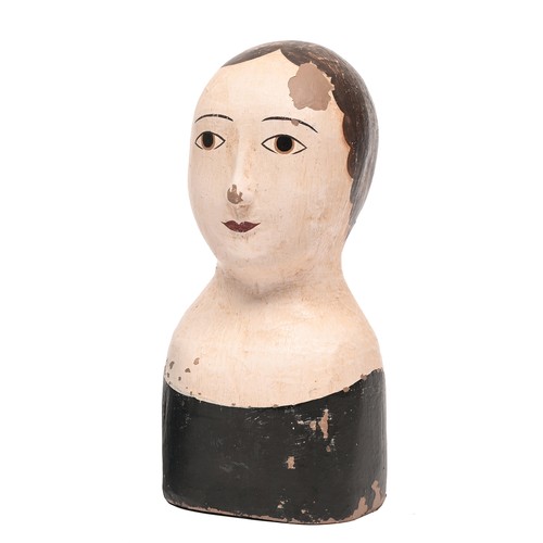 533A - A French papier mache marotte, early 20th c, with painted features, 29cm h