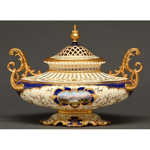 434 - A Wedgwood bone china pot pourri vase and cover, c1900, painted with a landscape or river scene with... 