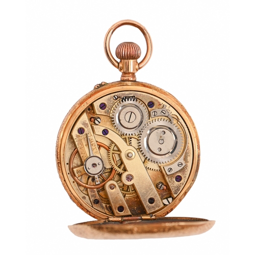 97 - A gold half hunting cased keyless cylinder lady's watch, c1900, with enamel dial, in engraved case w... 