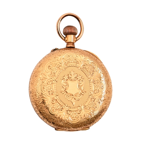 97 - A gold half hunting cased keyless cylinder lady's watch, c1900, with enamel dial, in engraved case w... 