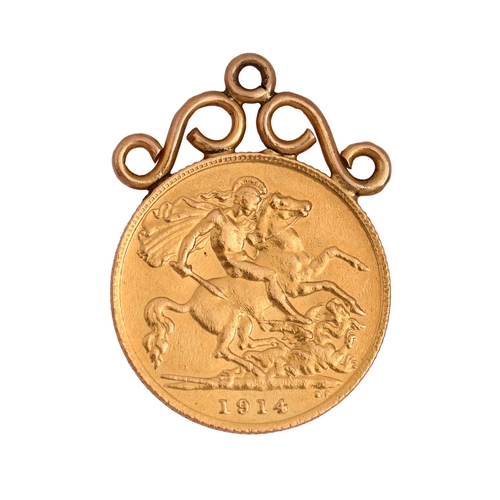 19 - Gold coin. George V, Half Sovereign 1914, mounted, 4.5gNO BUYER'S PREMIUM ON THIS LOT... 