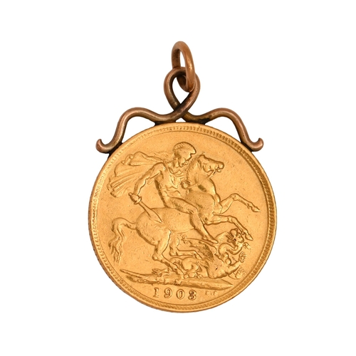 91 - Gold coin. Edward VII, Sovereign 1903M, mounted, 8.6gNO BUYER'S PREMIUM ON THIS LOT... 