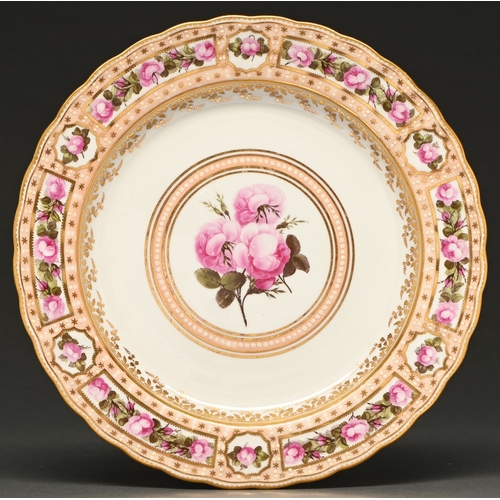 100 - A Derby shaped circular plate, c1790, painted in the manner of William Billingsley with three dishev... 