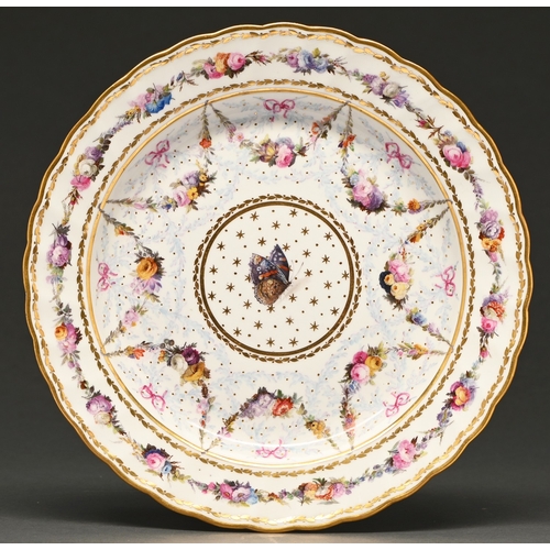 101 - A fine Derby shaped circular cabinet plate, c1790, the central roundel painted in polychrome enamels... 