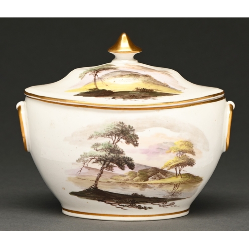 33 - A Pinxton sucrier and cover, c1800, painted with picturesque landscapes in polychrome enamels, ring ... 