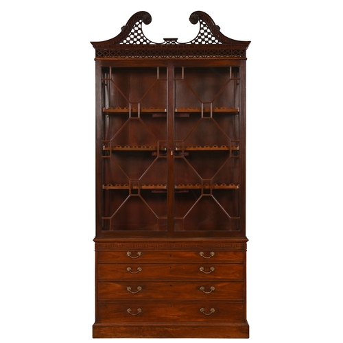 1046 - A George III mahogany cabinet or 'china case', fitted with three shelves with undulating quatrefoil-... 