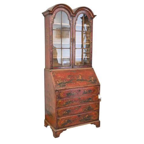 1047 - A japanned bureau cabinet, c1920, with double domed top and decorated with chinoiseries, the sides c... 