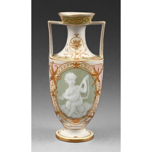309 - A Berlin pate-sur-pate vase, early 20th c, decorated with a classical putto playing the lute on a ce... 
