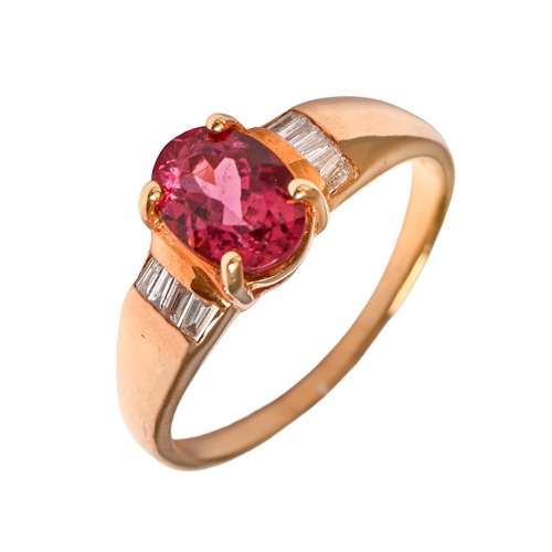 10 - A pink tourmaline and diamond ring, in gold marked 18K, 3.9g, size O